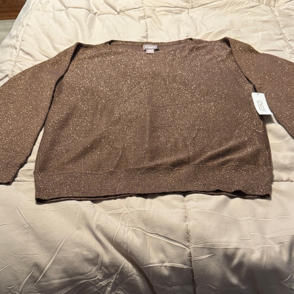 Chico's Metallic Taupe Sparkle Crewneck Sweater
